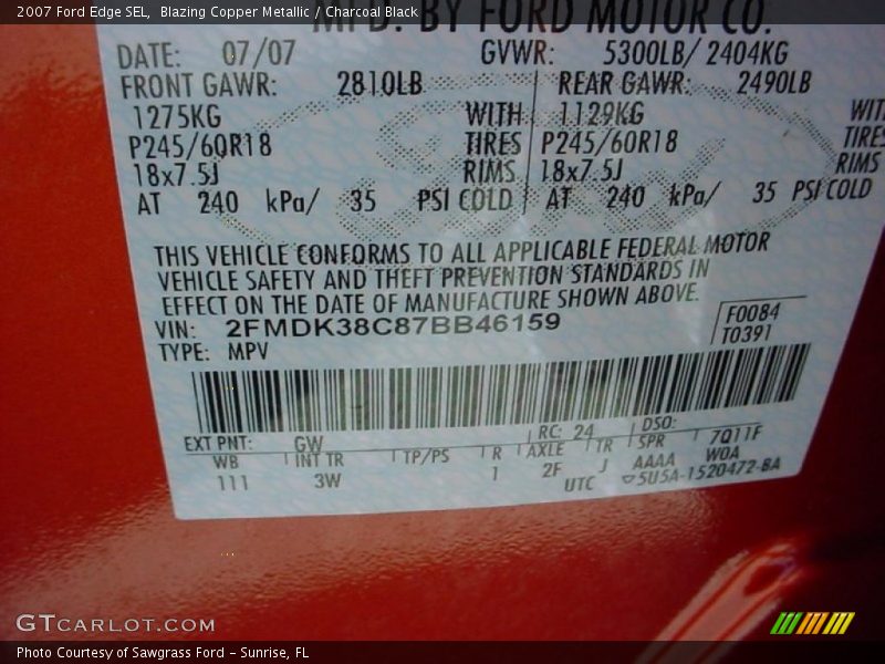 Blazing Copper Metallic / Charcoal Black 2007 Ford Edge SEL