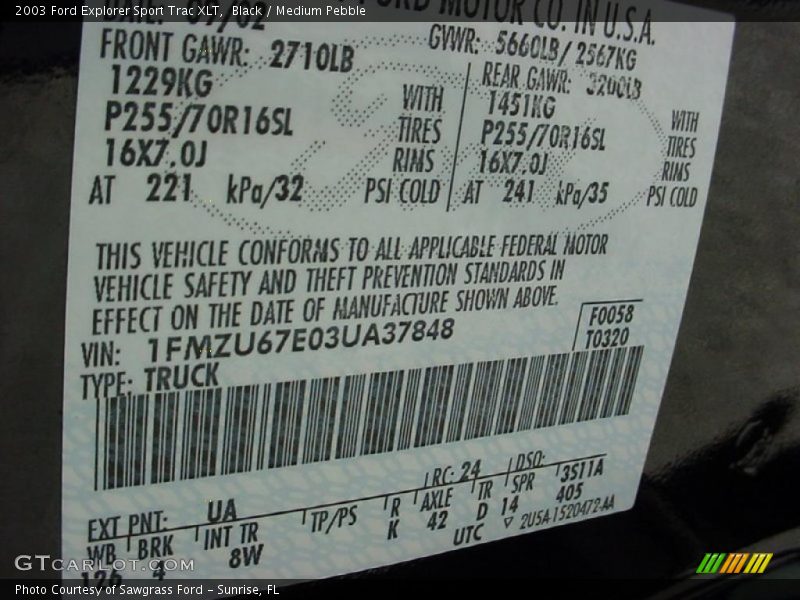 2003 Explorer Sport Trac XLT Black Color Code UA
