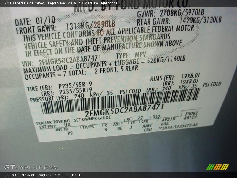 2010 Flex Limited Ingot Silver Metallic Color Code UX