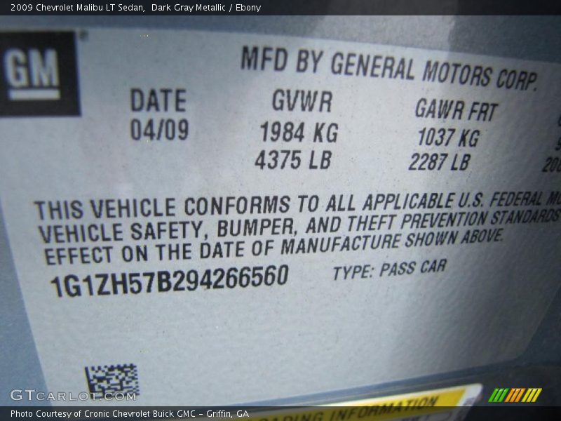 Dark Gray Metallic / Ebony 2009 Chevrolet Malibu LT Sedan