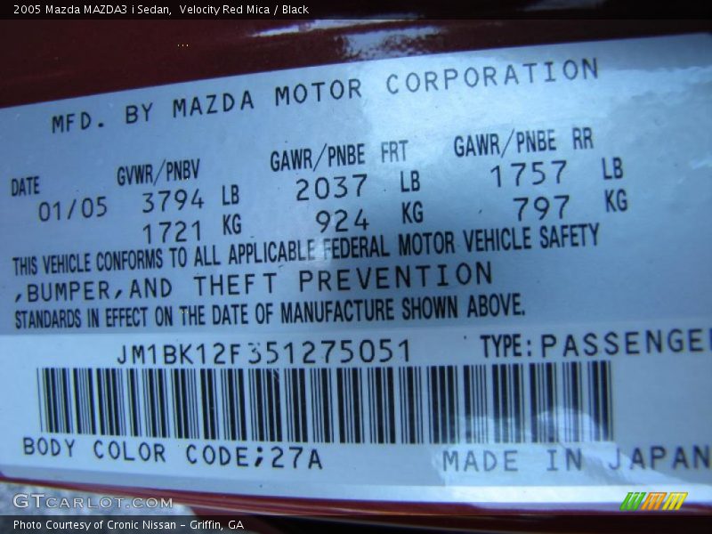 Velocity Red Mica / Black 2005 Mazda MAZDA3 i Sedan
