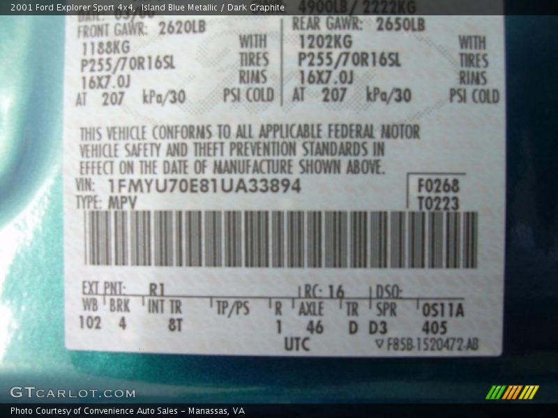 Island Blue Metallic / Dark Graphite 2001 Ford Explorer Sport 4x4
