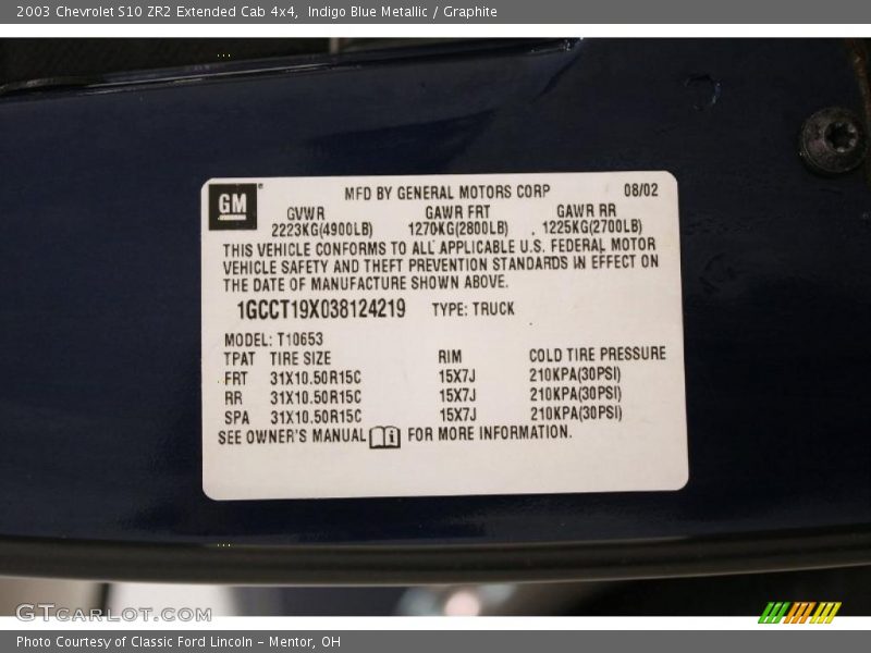 Info Tag of 2003 S10 ZR2 Extended Cab 4x4