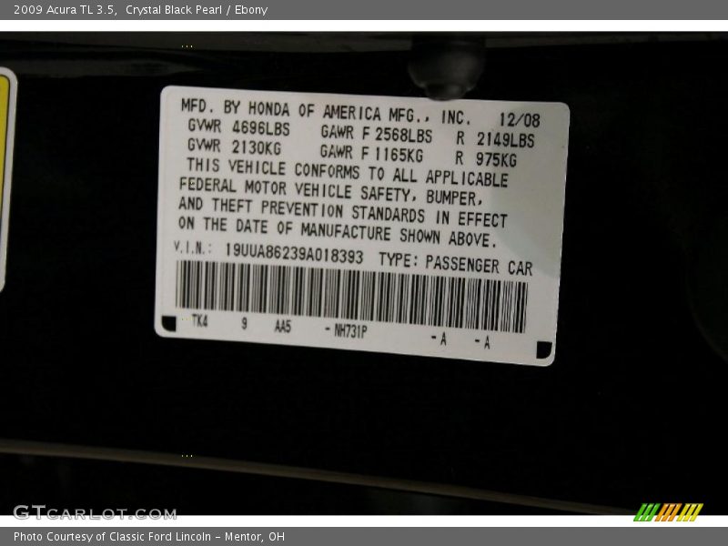 2009 TL 3.5 Crystal Black Pearl Color Code NH731P