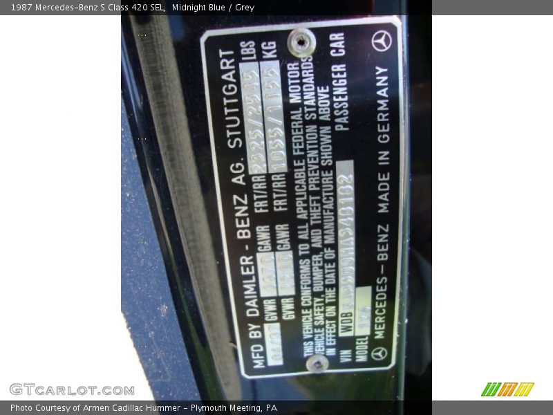 Info Tag of 1987 S Class 420 SEL