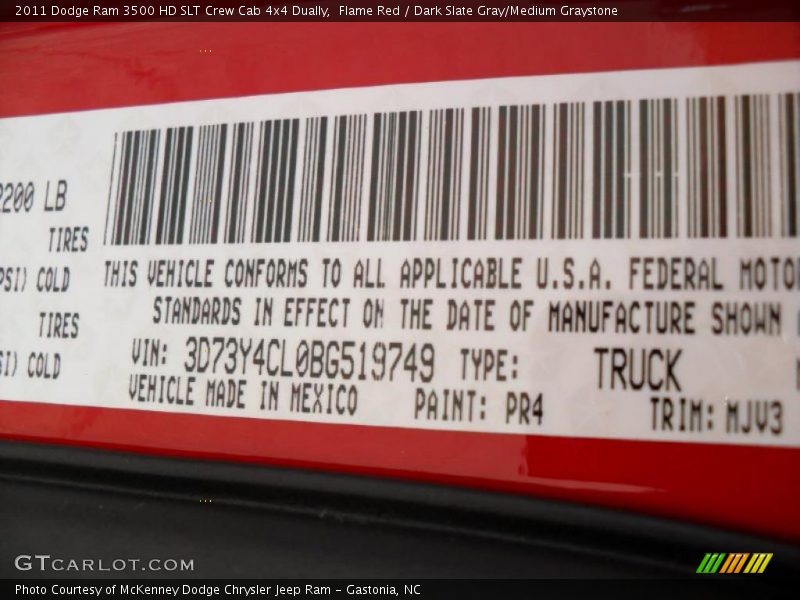 2011 Ram 3500 HD SLT Crew Cab 4x4 Dually Flame Red Color Code PR4