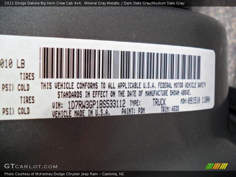 2011 Dakota Big Horn Crew Cab 4x4 Mineral Gray Metallic Color Code PDM