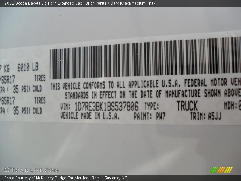 2011 Dakota Big Horn Extended Cab Bright White Color Code PW7