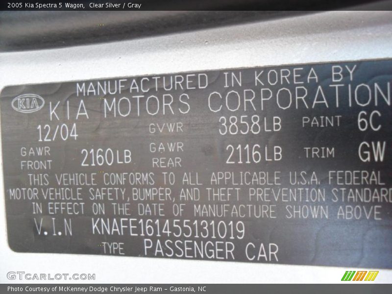 2005 Spectra 5 Wagon Clear Silver Color Code 6C