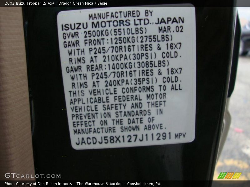 Info Tag of 2002 Trooper LS 4x4