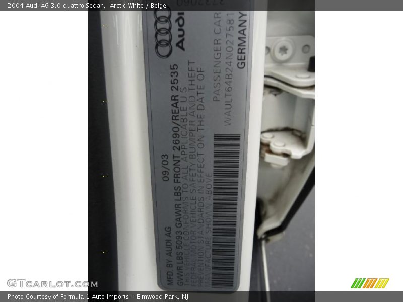 Info Tag of 2004 A6 3.0 quattro Sedan
