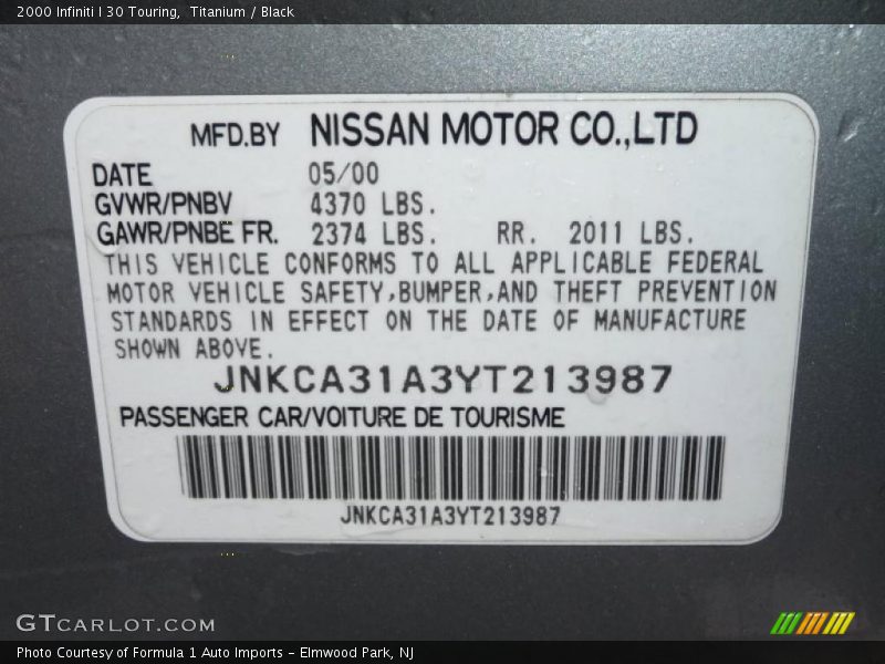 Info Tag of 2000 I 30 Touring