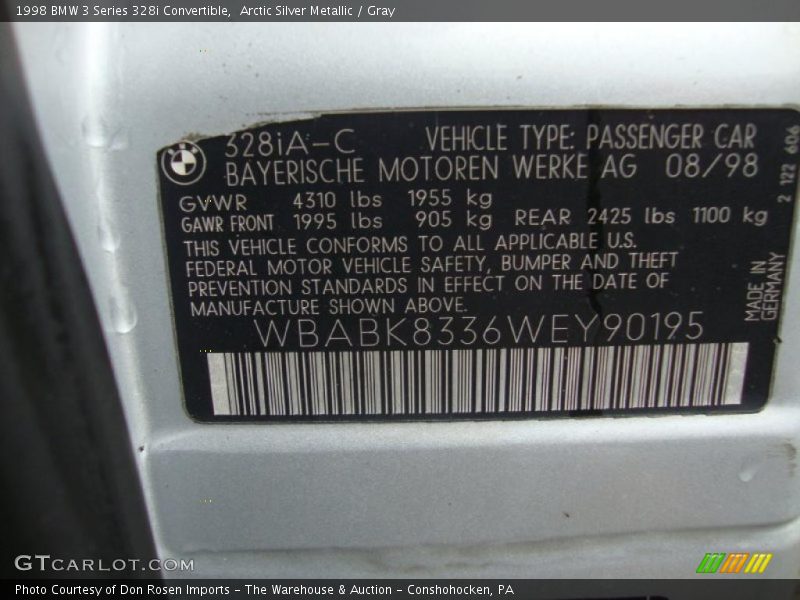 Arctic Silver Metallic / Gray 1998 BMW 3 Series 328i Convertible