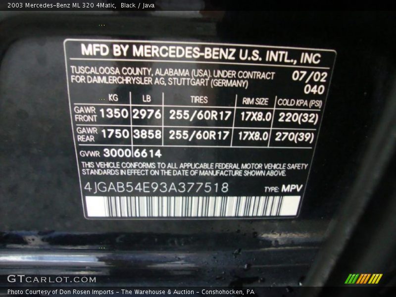 2003 ML 320 4Matic Black Color Code 040