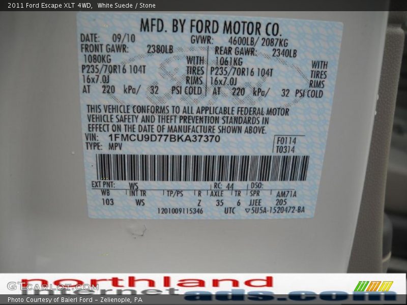 2011 Escape XLT 4WD White Suede Color Code WS
