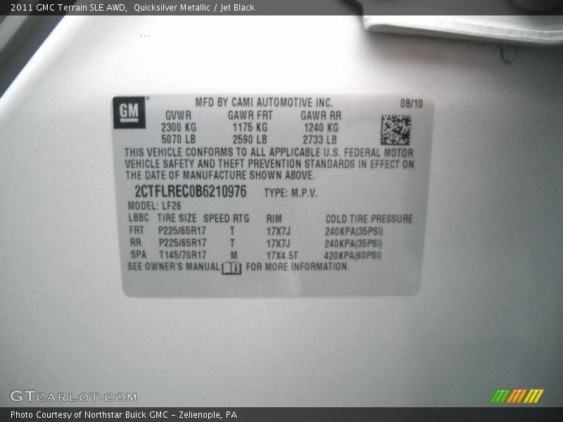 Info Tag of 2011 Terrain SLE AWD