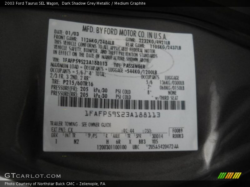 2003 Taurus SEL Wagon Dark Shadow Grey Metallic Color Code CX
