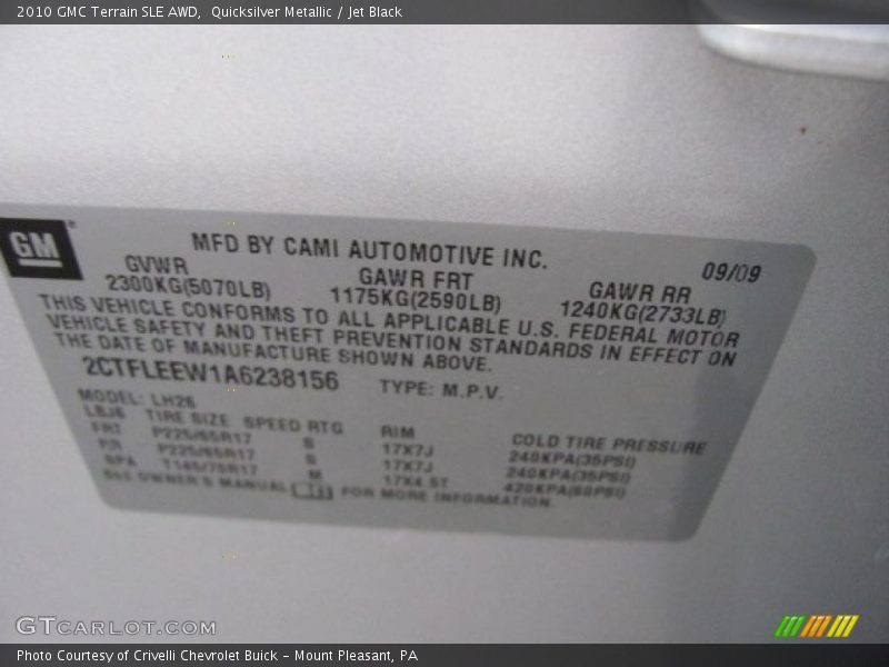 Info Tag of 2010 Terrain SLE AWD
