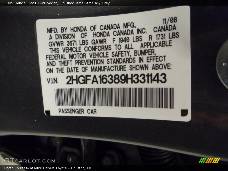 Info Tag of 2009 Civic DX-VP Sedan