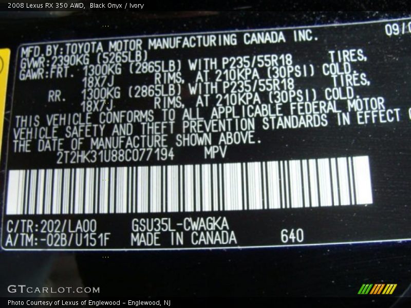 Black Onyx / Ivory 2008 Lexus RX 350 AWD