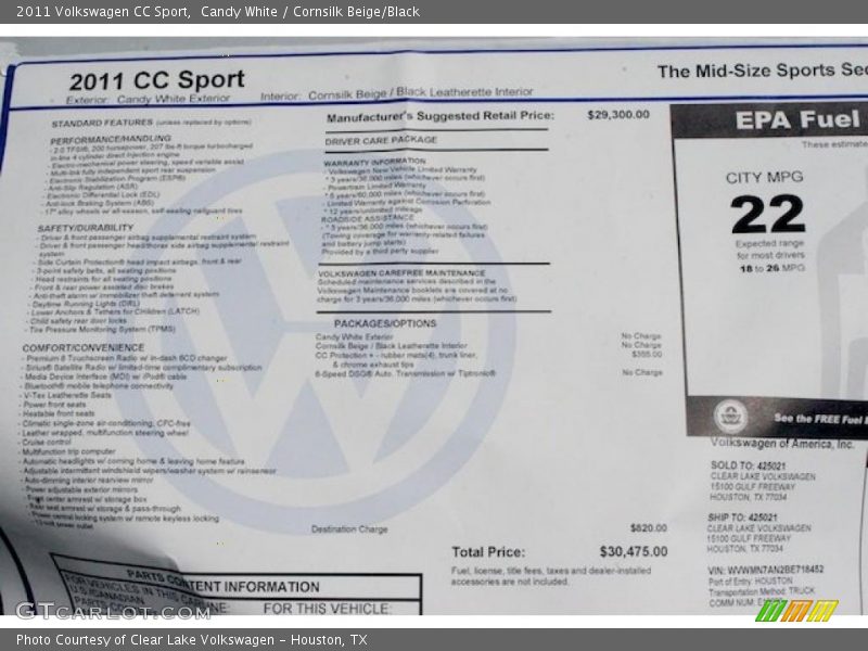 Candy White / Cornsilk Beige/Black 2011 Volkswagen CC Sport