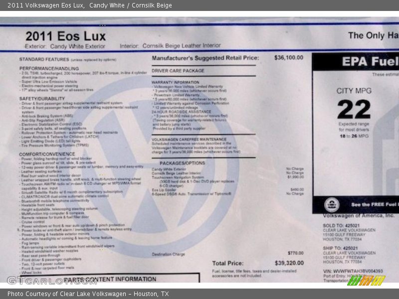  2011 Eos Lux Window Sticker