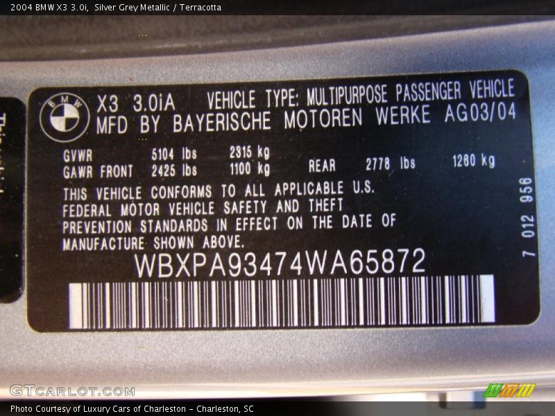 Silver Grey Metallic / Terracotta 2004 BMW X3 3.0i