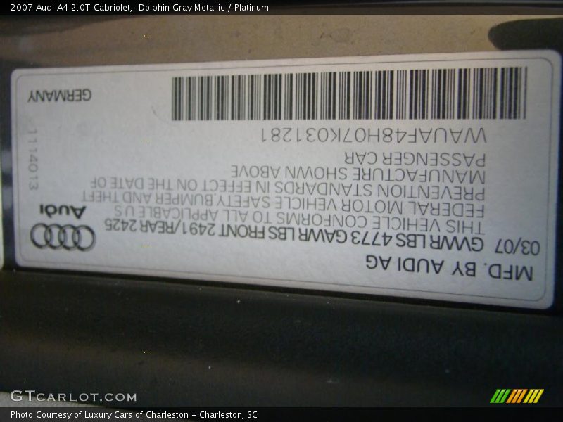 Dolphin Gray Metallic / Platinum 2007 Audi A4 2.0T Cabriolet