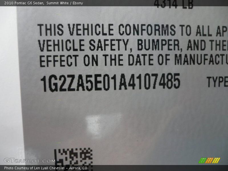 Summit White / Ebony 2010 Pontiac G6 Sedan