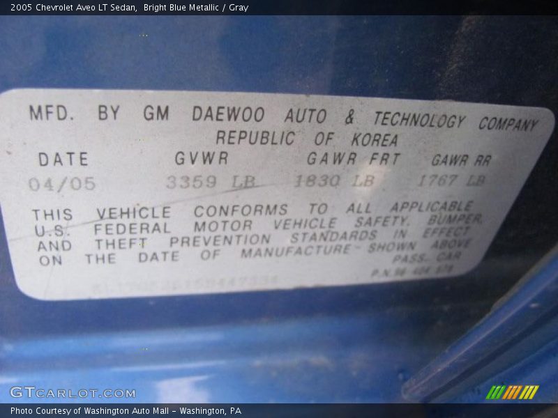 Info Tag of 2005 Aveo LT Sedan