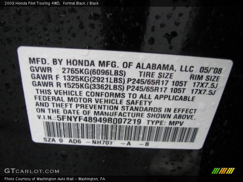 2009 Pilot Touring 4WD Formal Black Color Code NH707