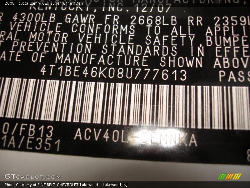 Super White / Ash 2008 Toyota Camry CE