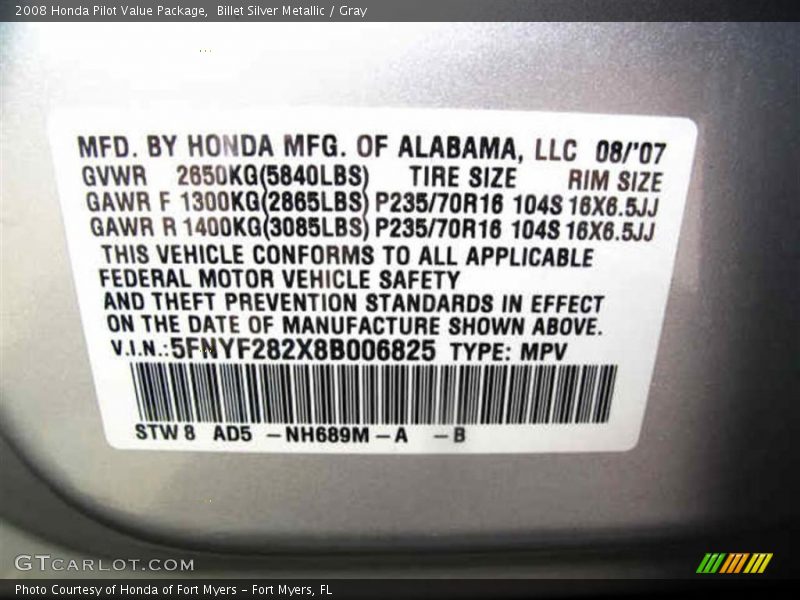 2008 Pilot Value Package Billet Silver Metallic Color Code NH689M