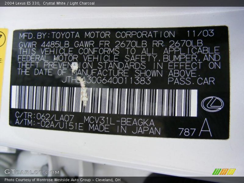 Crystal White / Light Charcoal 2004 Lexus ES 330