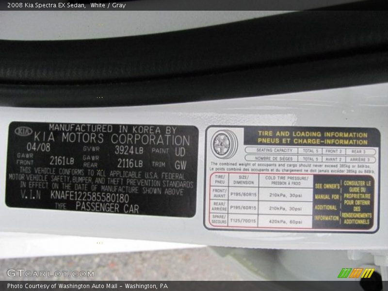 White / Gray 2008 Kia Spectra EX Sedan