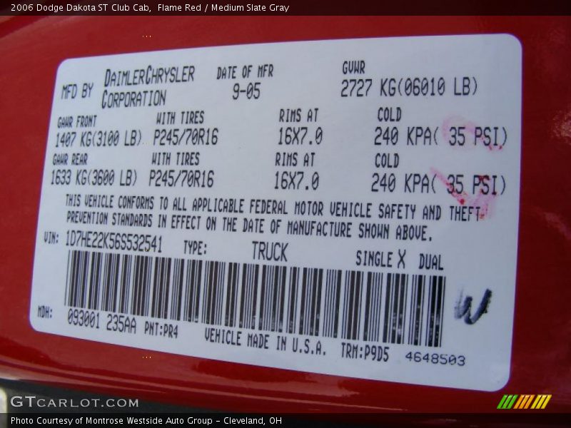 2006 Dakota ST Club Cab Flame Red Color Code PR4