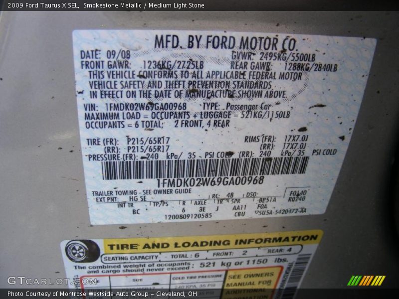 2009 Taurus X SEL Smokestone Metallic Color Code HG