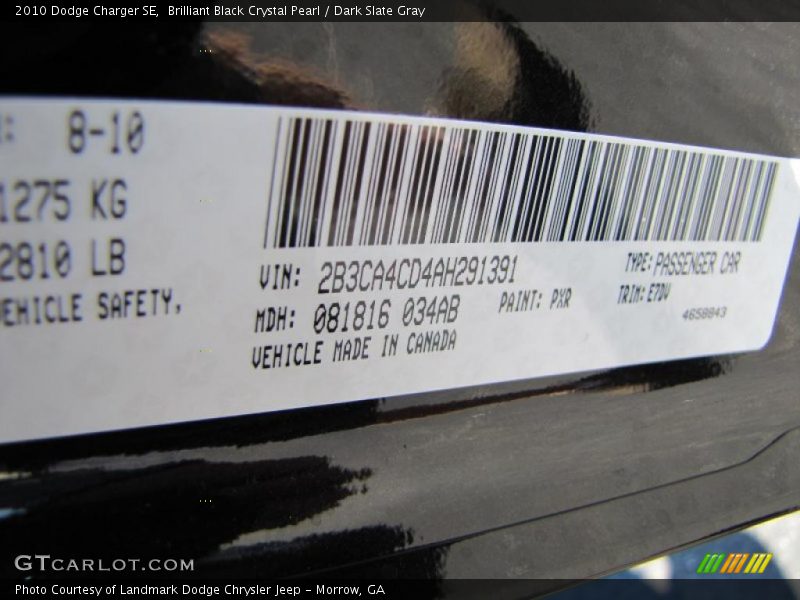 Brilliant Black Crystal Pearl / Dark Slate Gray 2010 Dodge Charger SE
