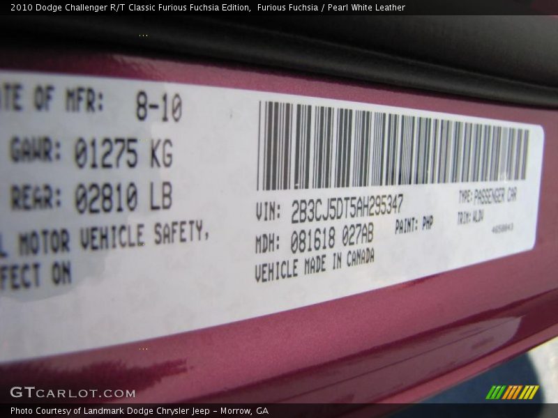 Furious Fuchsia / Pearl White Leather 2010 Dodge Challenger R/T Classic Furious Fuchsia Edition