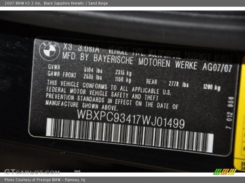 Black Sapphire Metallic / Sand Beige 2007 BMW X3 3.0si