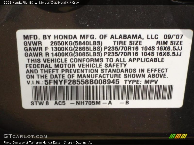 2008 Pilot EX-L Nimbus Gray Metallic Color Code NH705M