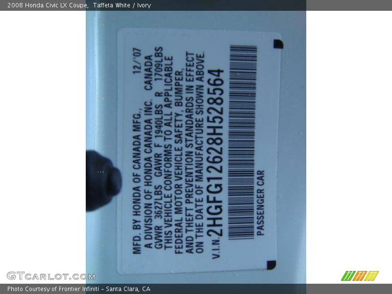 Taffeta White / Ivory 2008 Honda Civic LX Coupe