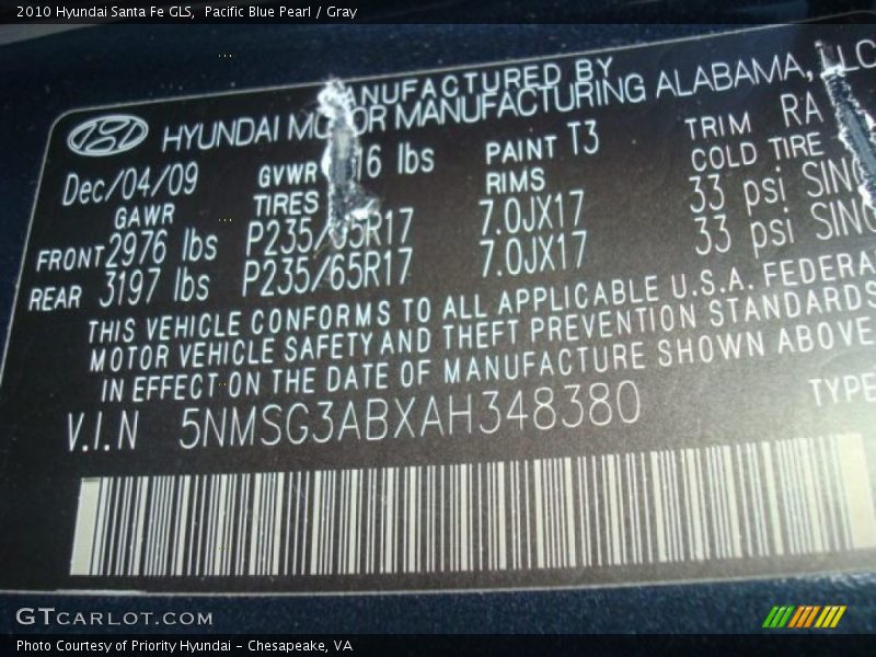 Pacific Blue Pearl / Gray 2010 Hyundai Santa Fe GLS
