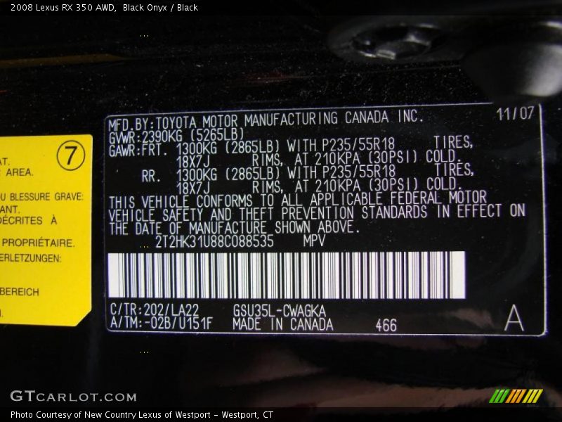 Black Onyx / Black 2008 Lexus RX 350 AWD