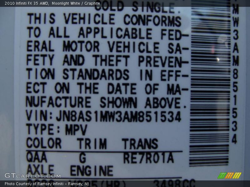 2010 FX 35 AWD Moonlight White Color Code QAA