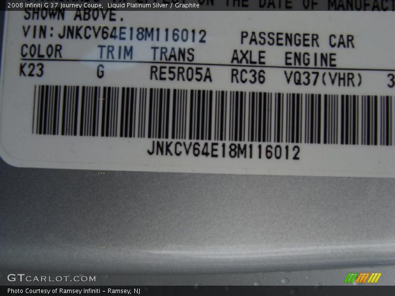 Liquid Platinum Silver / Graphite 2008 Infiniti G 37 Journey Coupe
