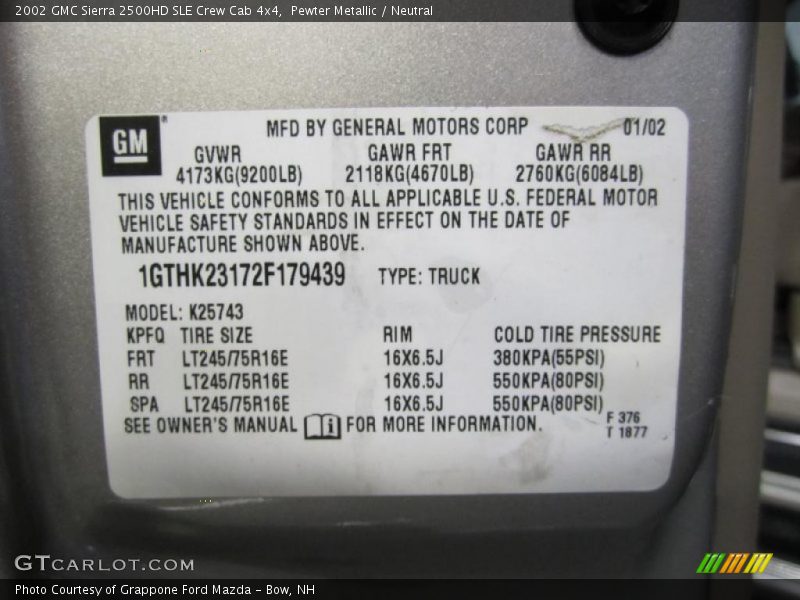 Info Tag of 2002 Sierra 2500HD SLE Crew Cab 4x4