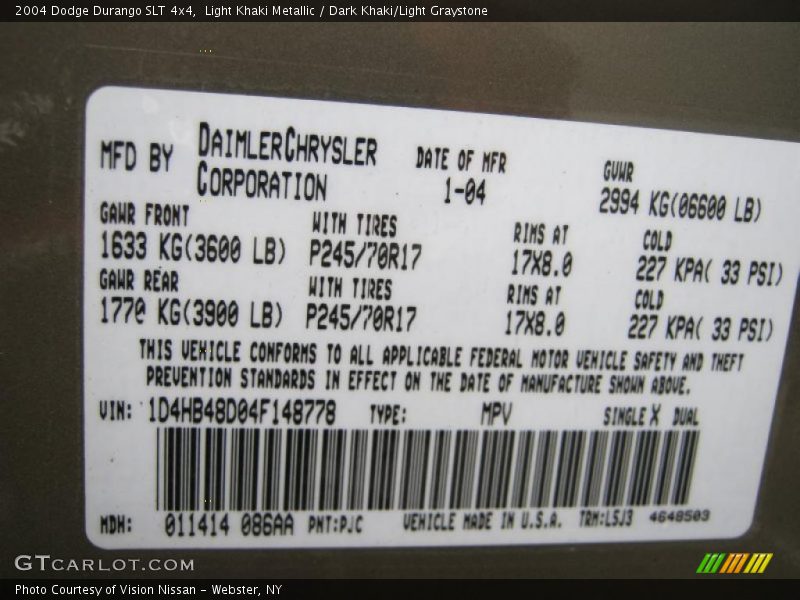 Light Khaki Metallic / Dark Khaki/Light Graystone 2004 Dodge Durango SLT 4x4