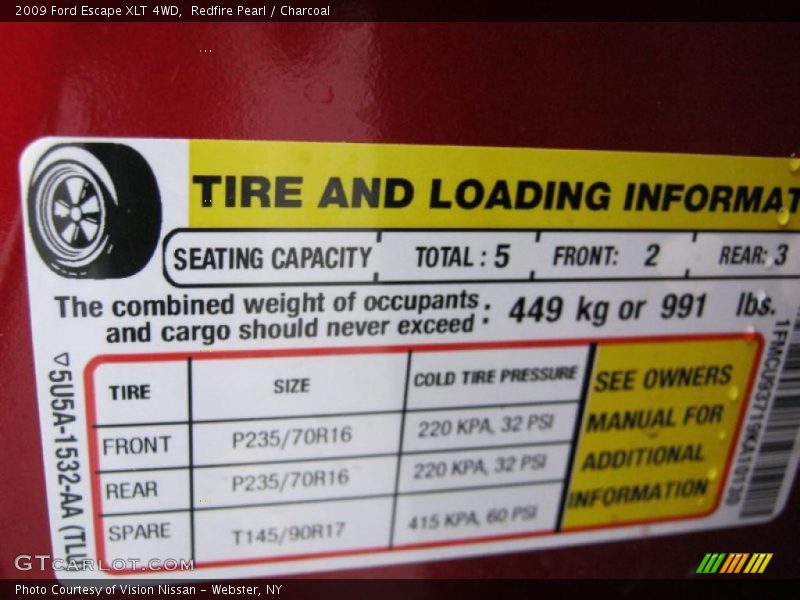 Info Tag of 2009 Escape XLT 4WD