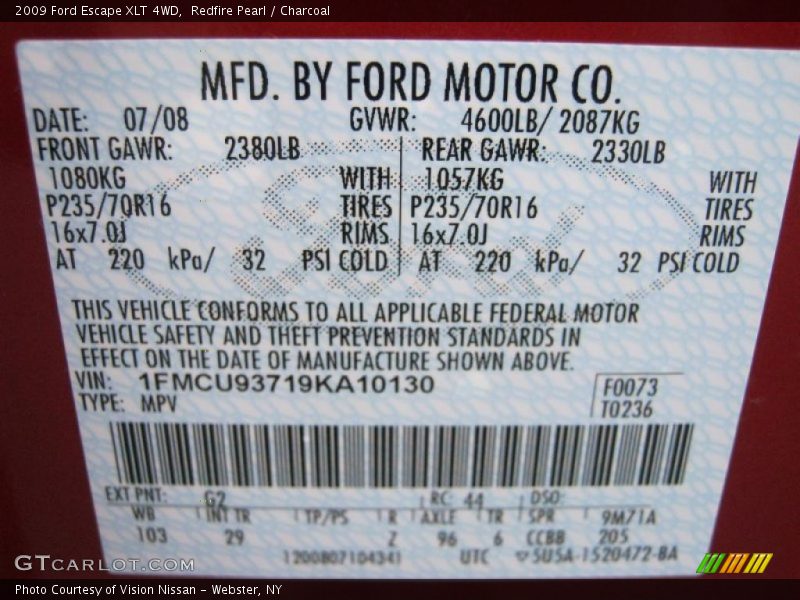 2009 Escape XLT 4WD Redfire Pearl Color Code G2